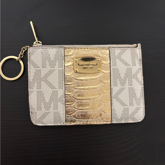 Michael Kors Jet Set Logo Card Case w/ Zip Pouch Gold Snakeskin Key Ring - Picture 9 of 10